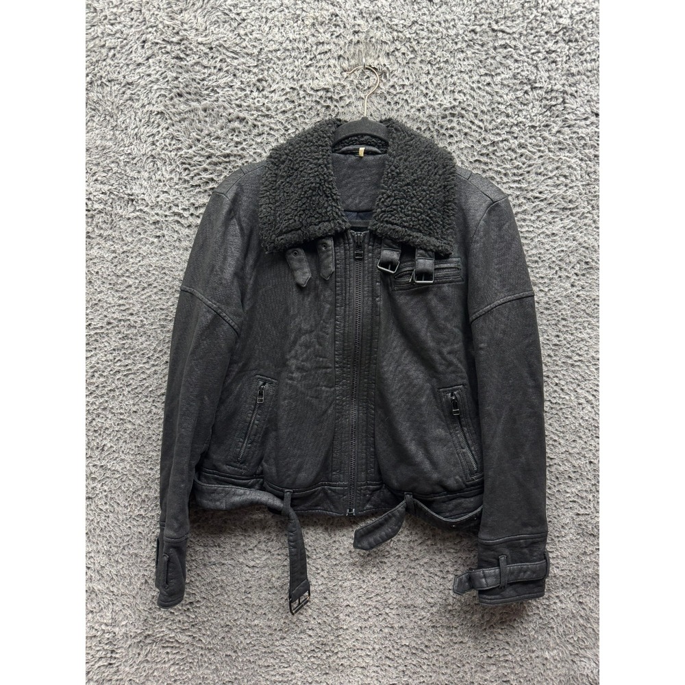 Free People Cotton Sherpa Collar Belted Moto Biker Jacket Black Womens Size XS